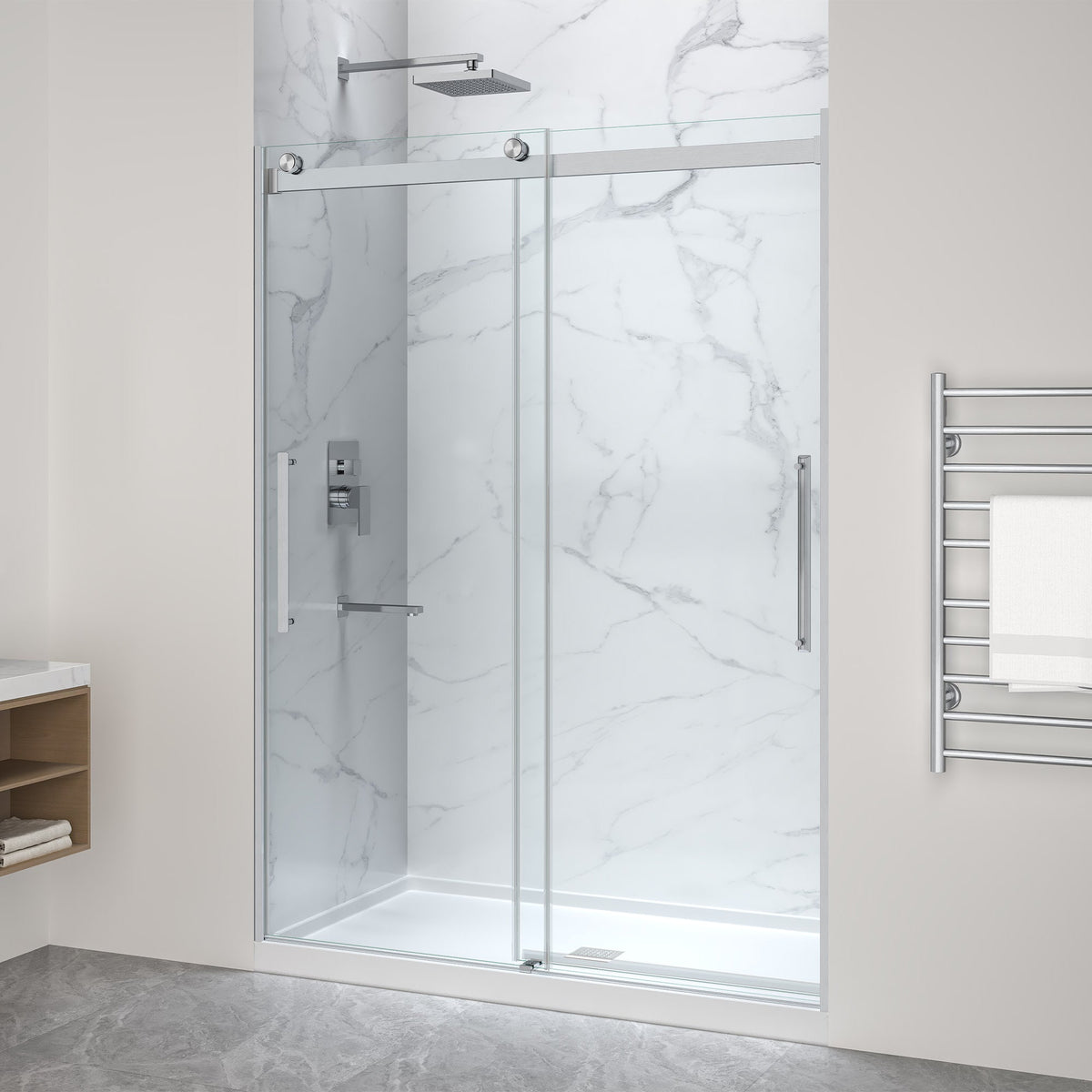 76 x 57 Framed Shower Door, Center Drain, Pan Only