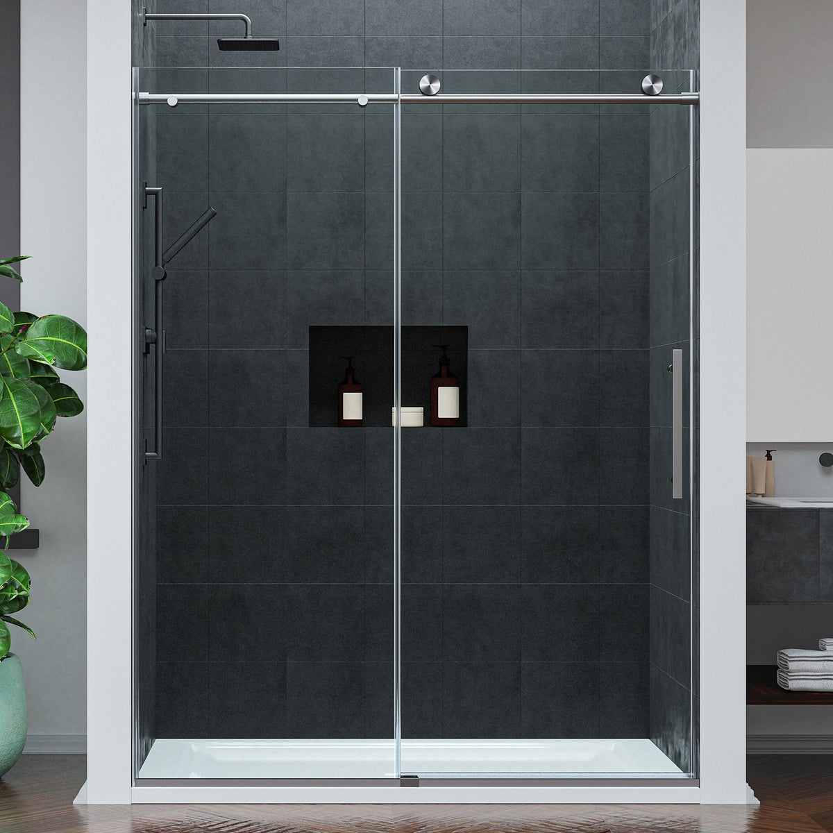 Mountain 60 in x 76 in. Reversible Frameless Sliding Deco-Glass Shower Door with Soft-Close System - Multiple Finishes