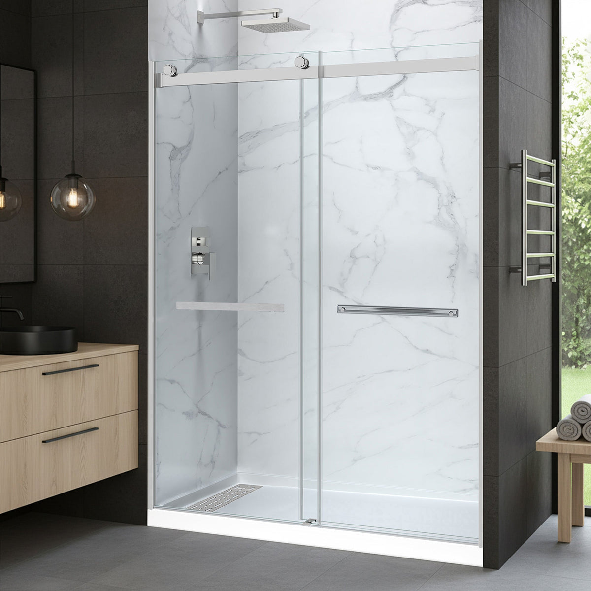 60 x 30 Frameless Shower Door, Pan Only, Kahn Alcove Sliding Combo