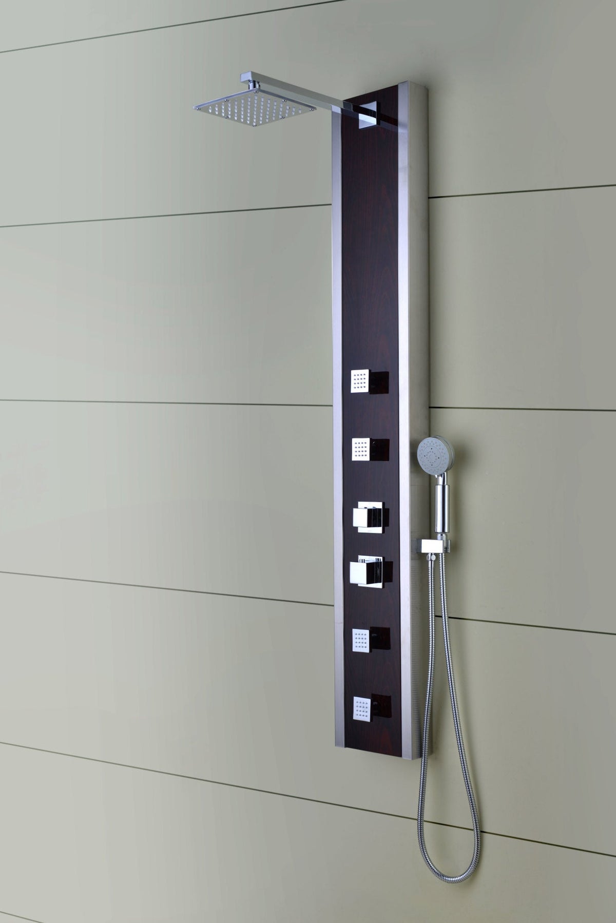 Monsoon 57 in. 4-Jetted Full Body Shower Panel System with Heavy Rain Shower and Spray Wand in Mahogany Style Deco-Glass