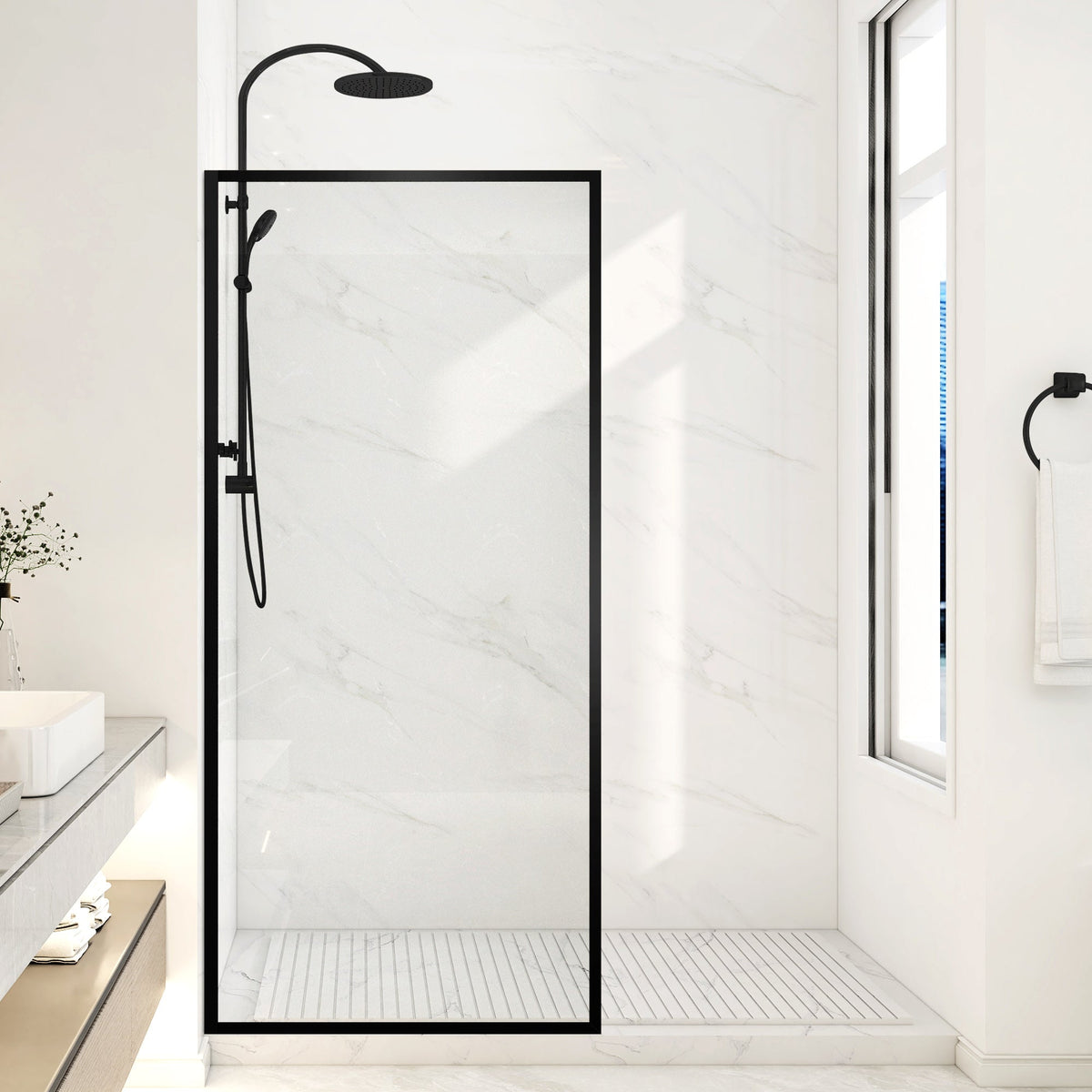 34 x 74 Framed Shower Door, Welle Fixed Screen Tempered Clear Glass