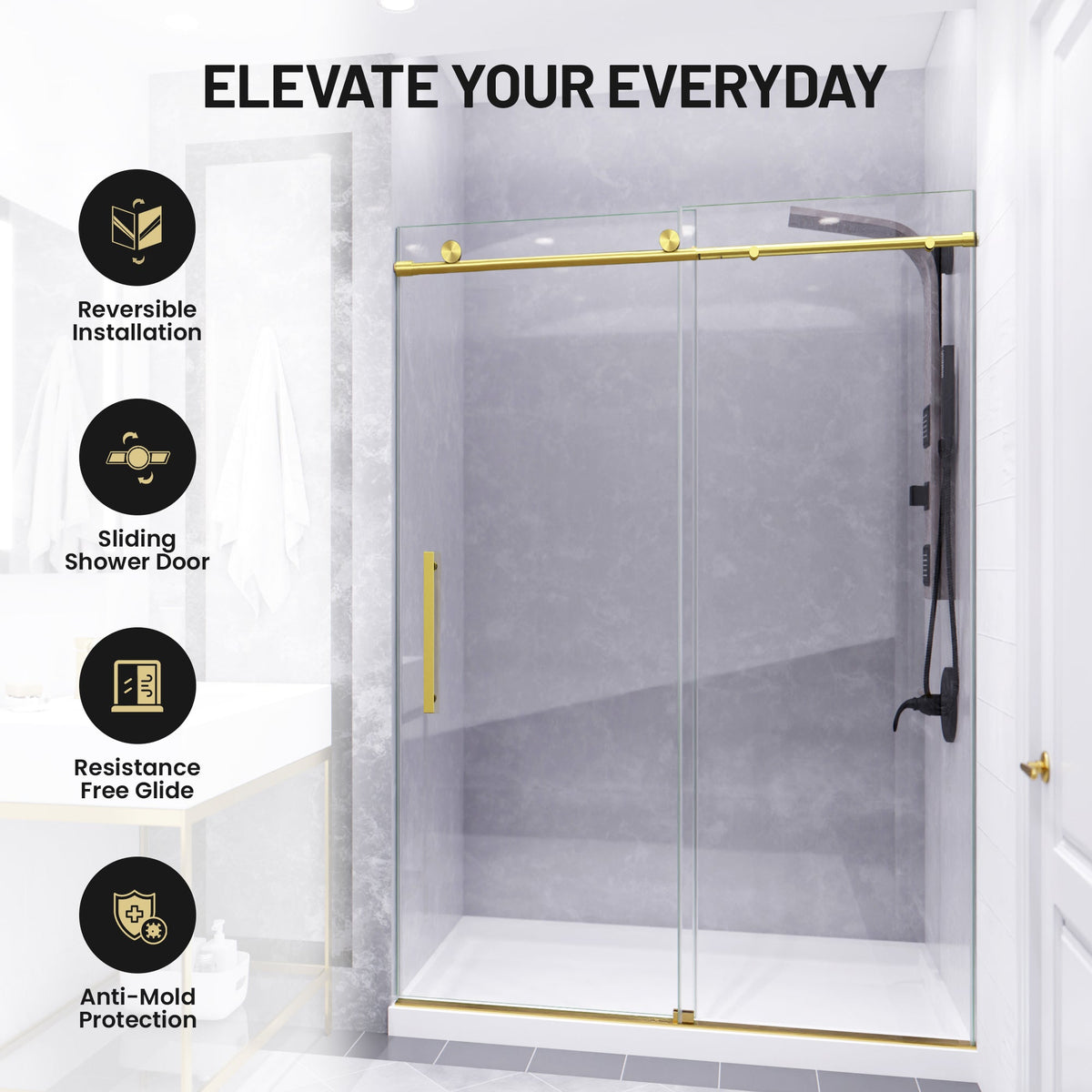 Mountain 48 in. W x 76 in. H Reversible Frameless Sliding Glass Shower Door with Soft-Close System - Multiple Finishes