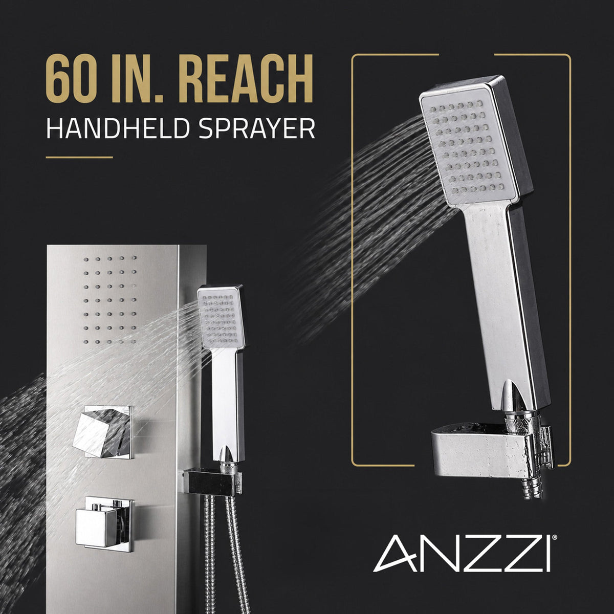 Expanse Series 57 in. 2-Jetted Full Body Shower Panel System with Heavy Rain Shower and Spray Wand in Brushed Steel