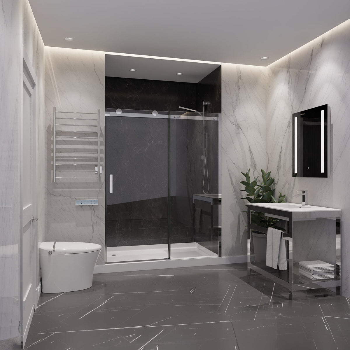 54 x 76 Frameless Shower Door, Rhodes Sliding Tsunami Guard