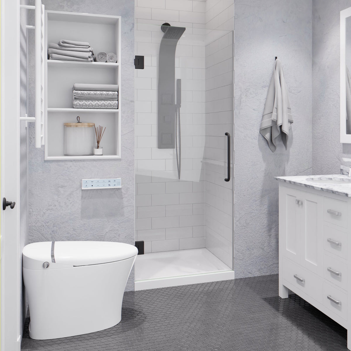 Fellow Series 24 in. x 70 in. Frameless Hinged Shower Door with Clear/Frosted Tempered Glass and Tsunami Guard