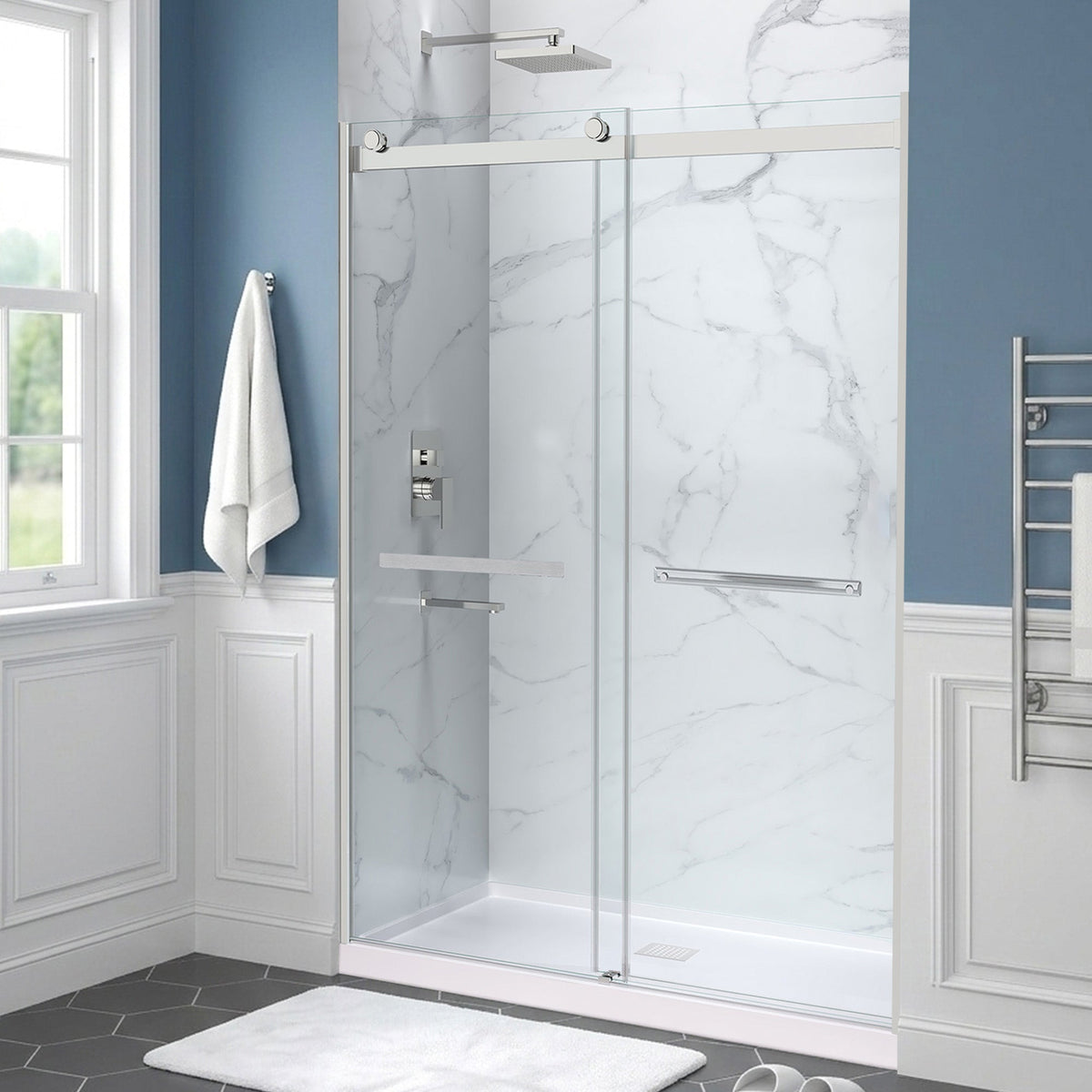 60 x 32 Frameless Shower Door, Center Drain, Pan Only