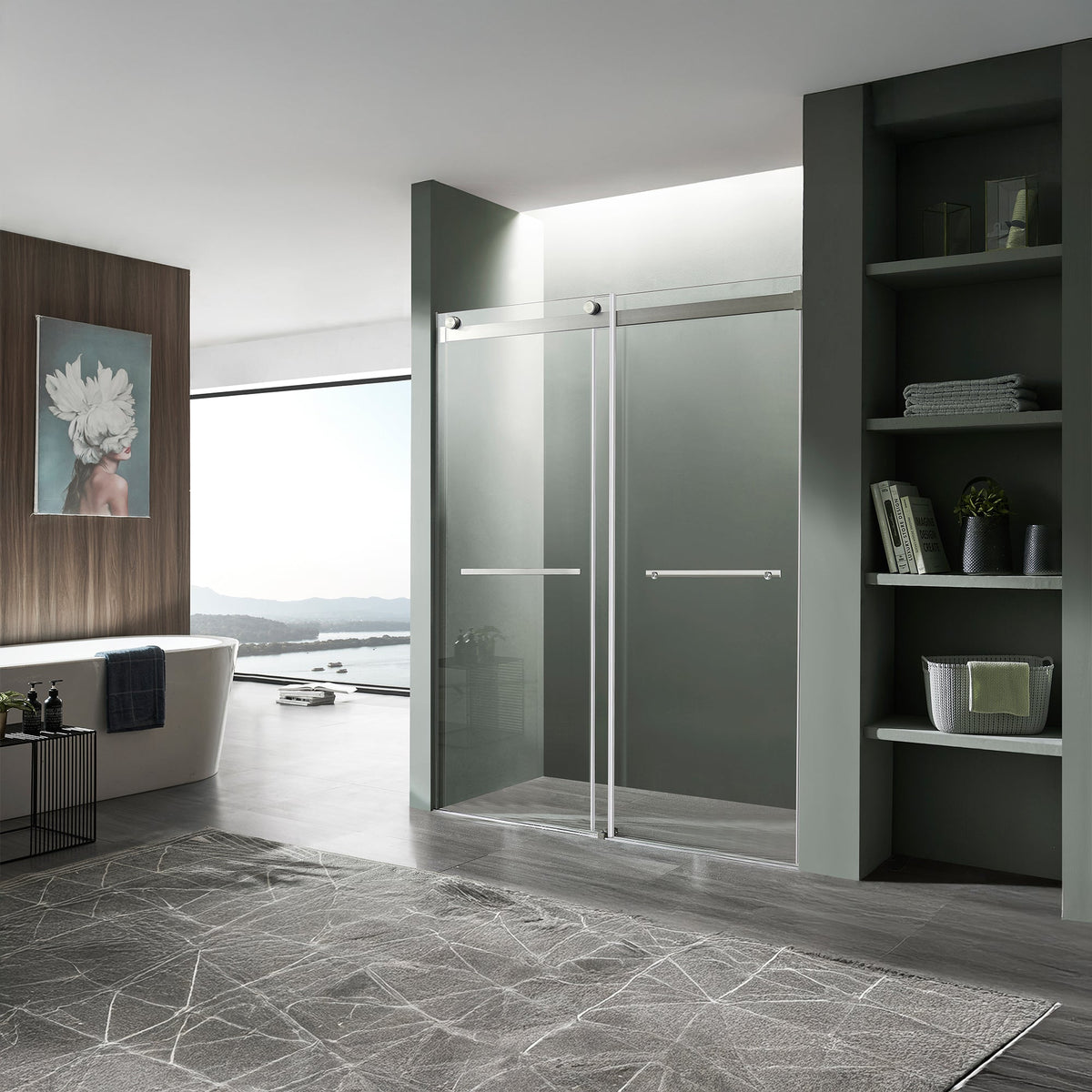 Kahn Series 57 to 60 in. x 76 in. Sliding Frameless Shower Door with Tsunami Guard Tempered Glass