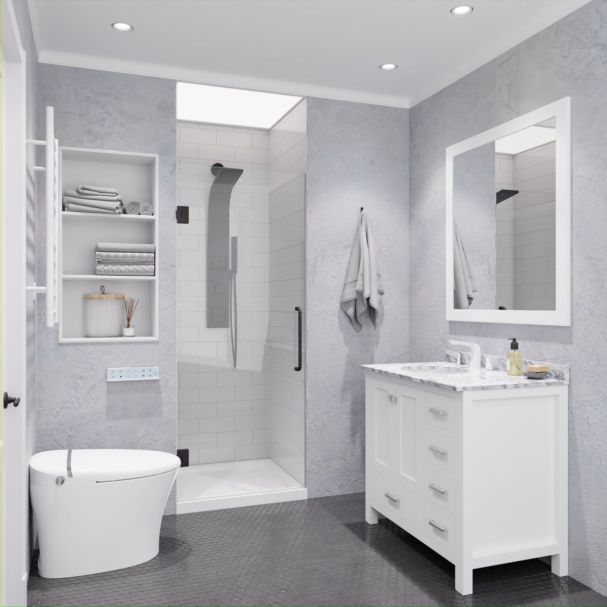 Fellow Series 24 in. x 70 in. Frameless Hinged Shower Door with Clear/Frosted Tempered Glass and Tsunami Guard