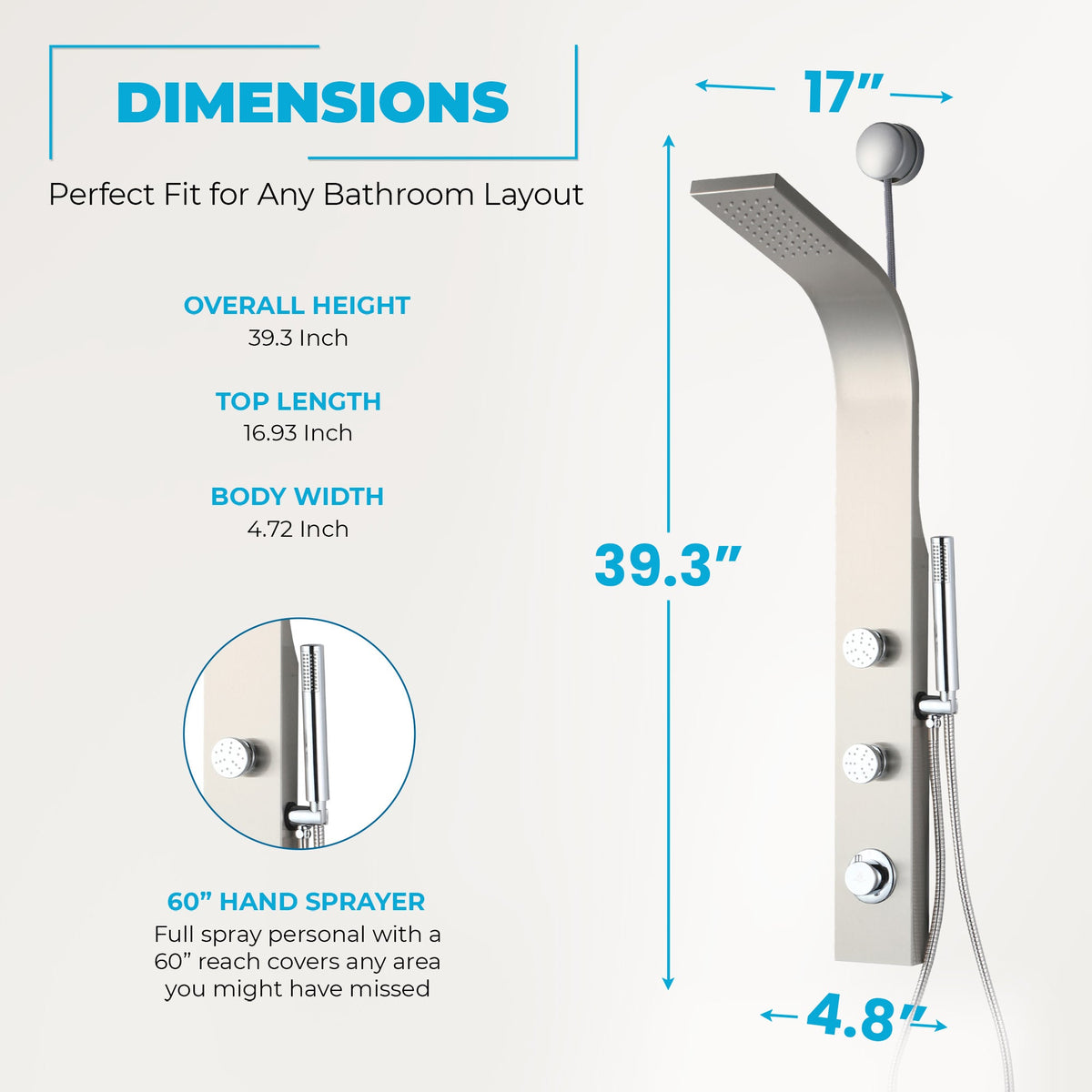 Cici Series 39 in. 2-Jetted Shower Tower with Heavy Rain Shower and Body Jets and Spray Wand