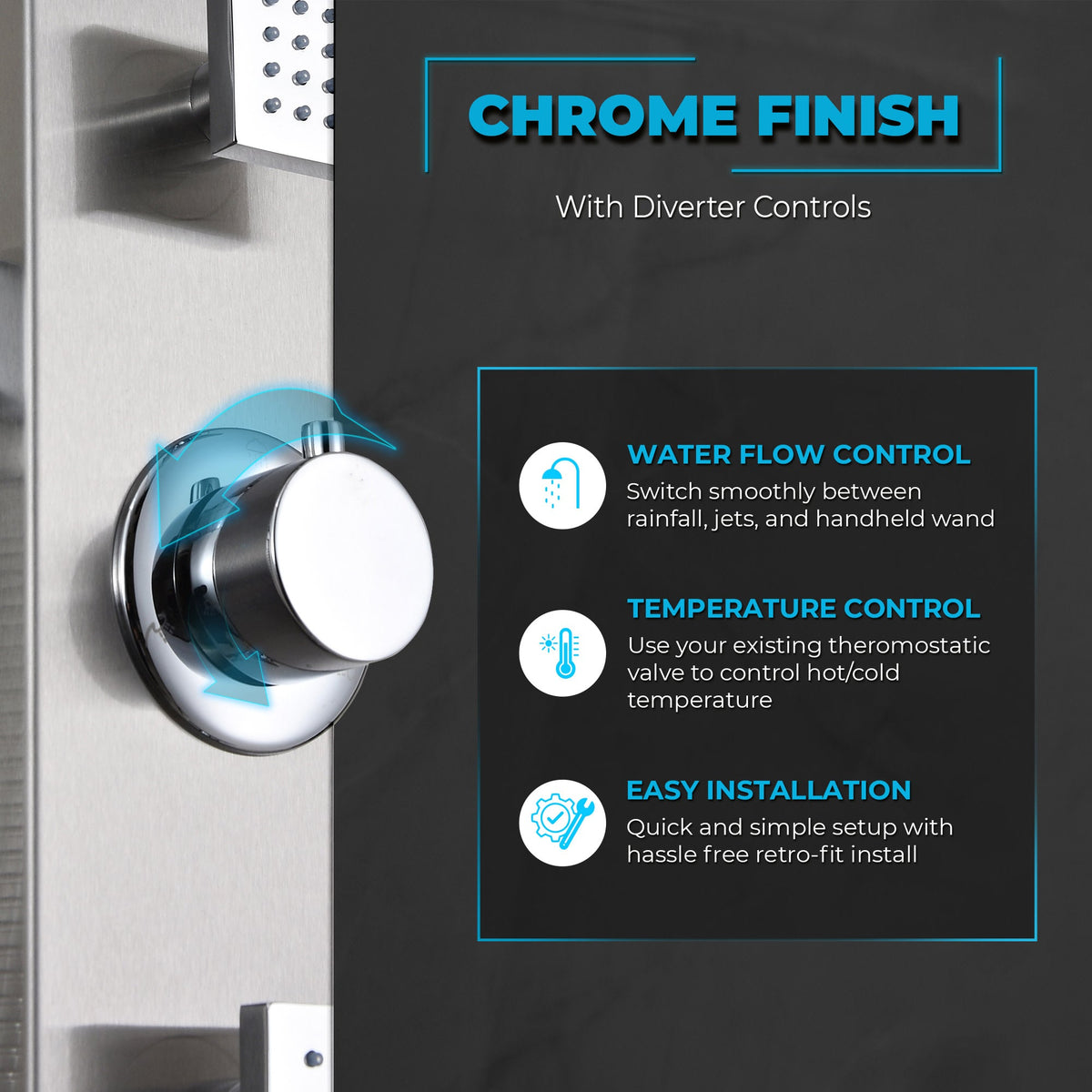 Sans Series 40 in. 3-Jetted Full Body Shower Tower System with Rainfall Showerhead and Spray Wand in Brushed Steel