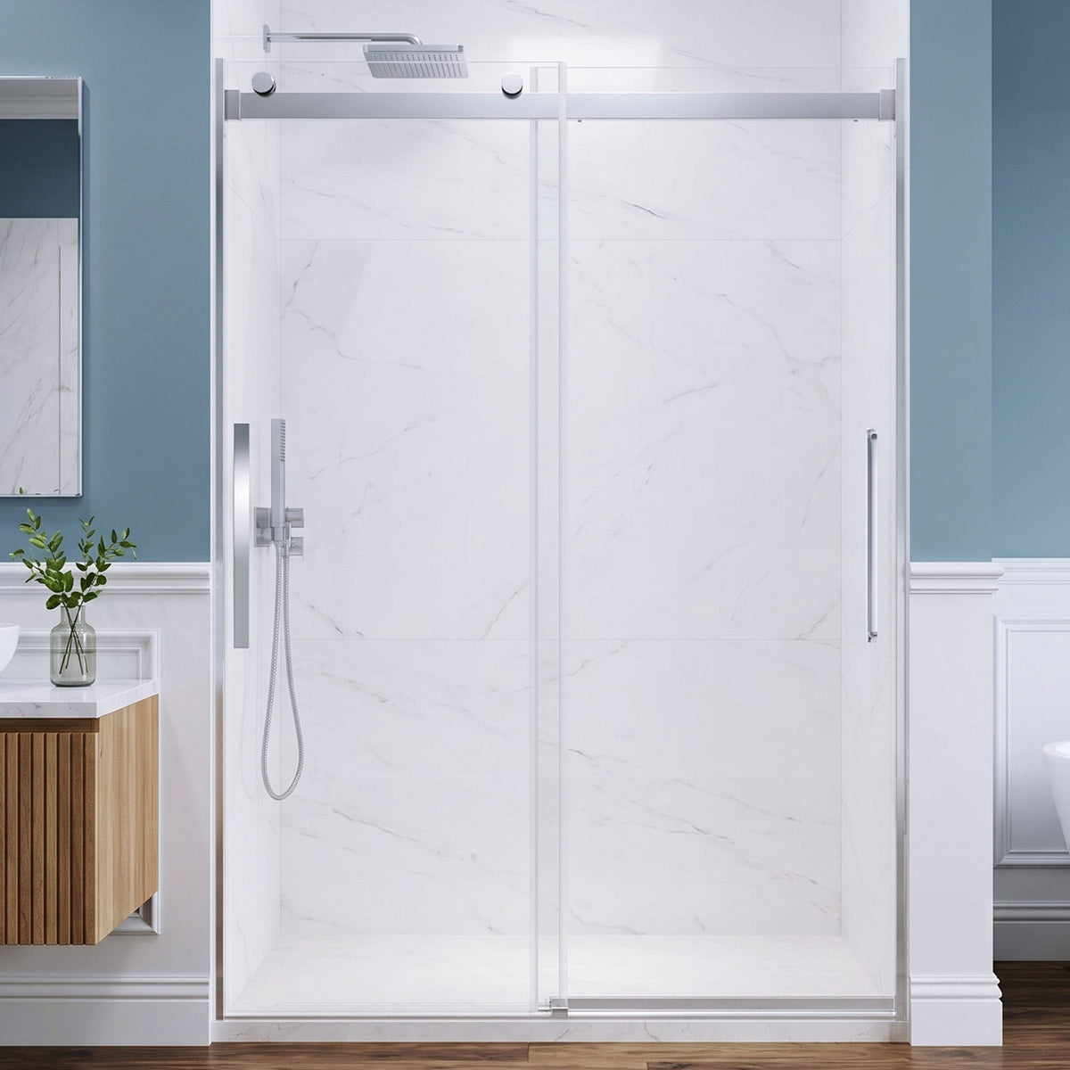 54 x 76 Frameless Shower Door, Stellar Sliding Tsunami Guard