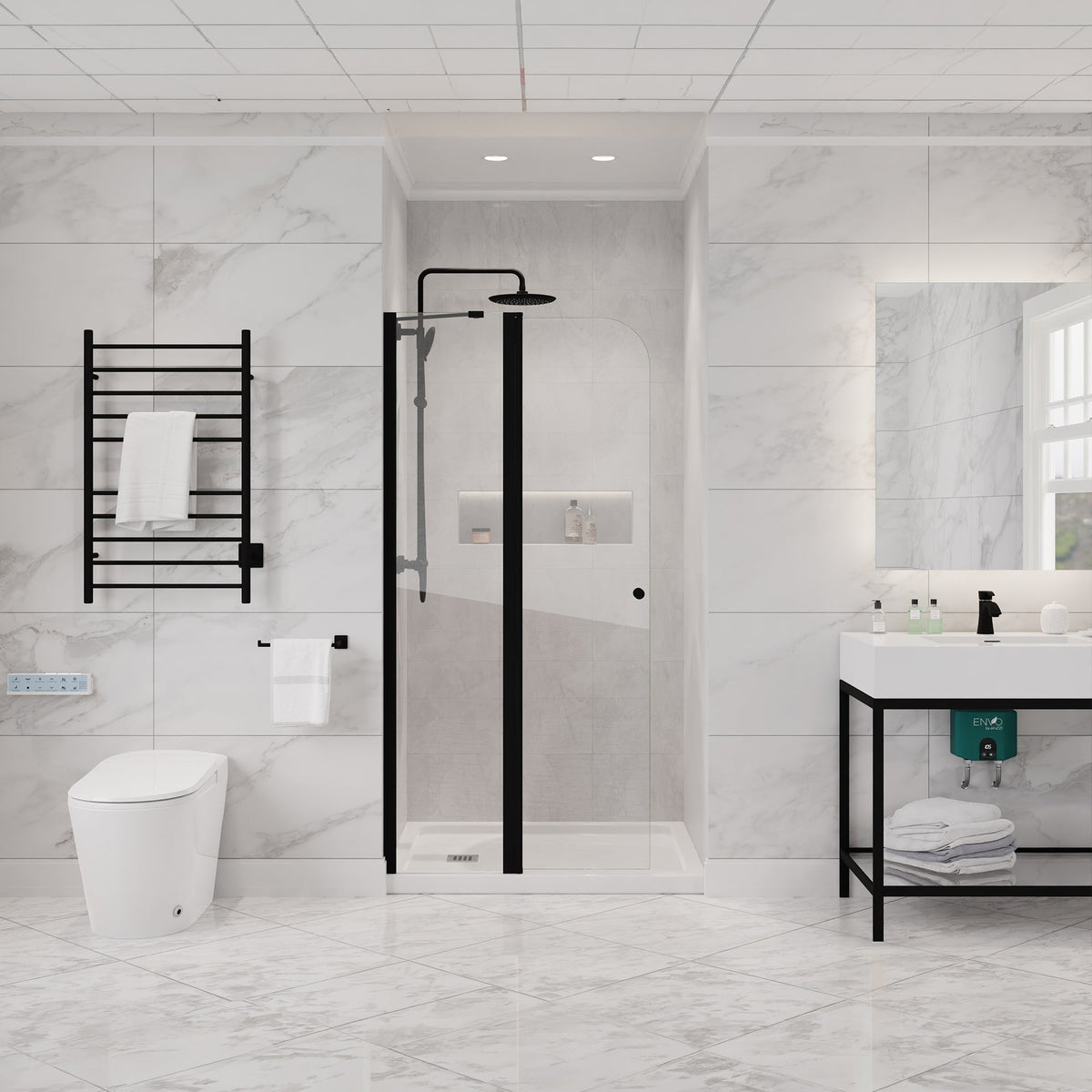 Romance Series 34 in. x 72 in. H Hinged Frameless Shower Door with Tsunami Guard Tempered Glass