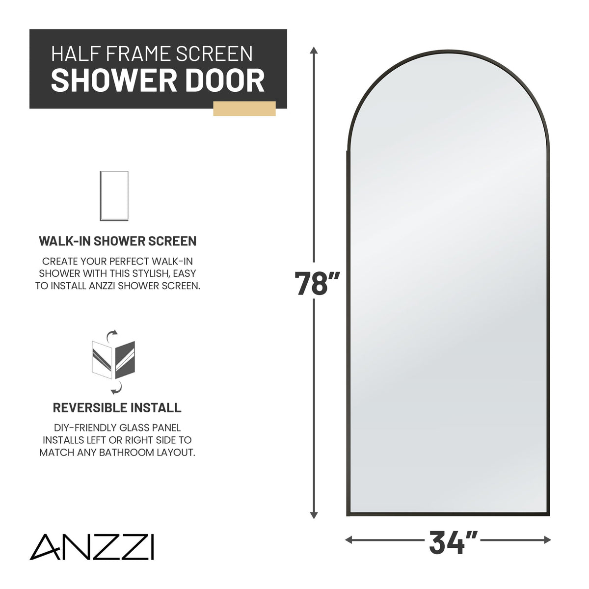 Ember Series 34 in. x 78 in Framed Arch Fixed Shower Screen Door with 8mm Tempered Clear or Fluted Glass