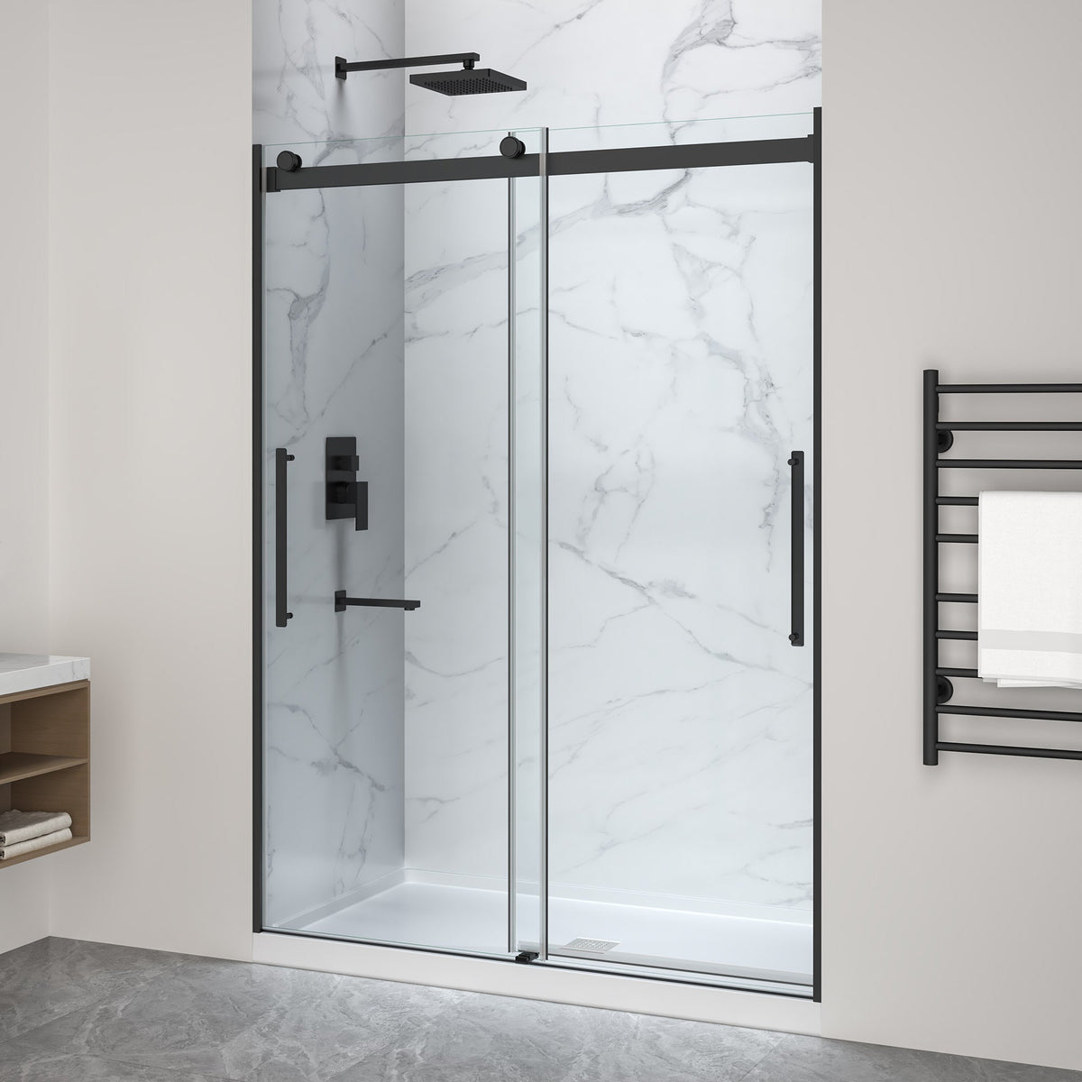 76 x 57 Framed Shower Door, Center Drain, Pan Only
