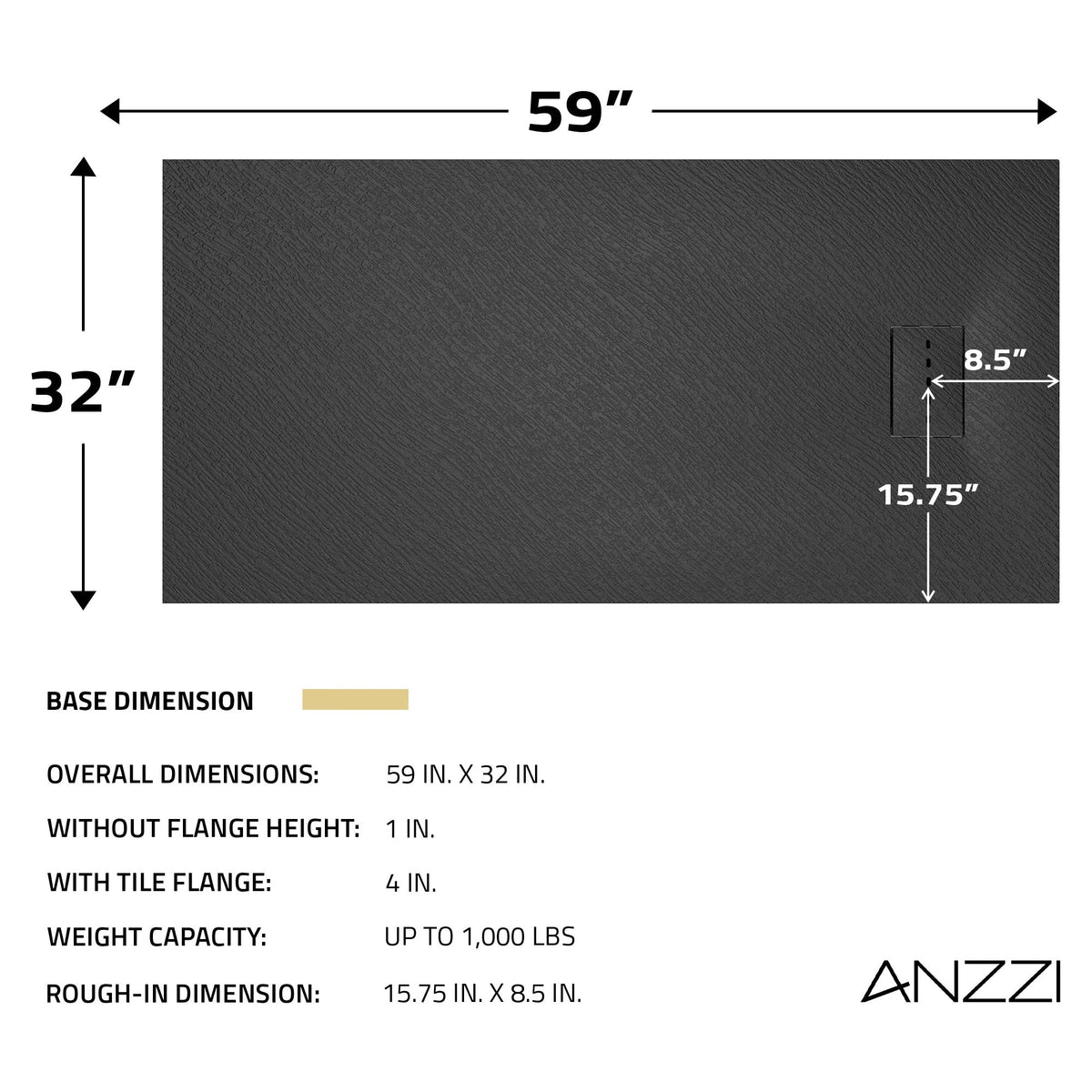 59 x 32 Shower Base, Pan Only, Barrier Free Curbless Black