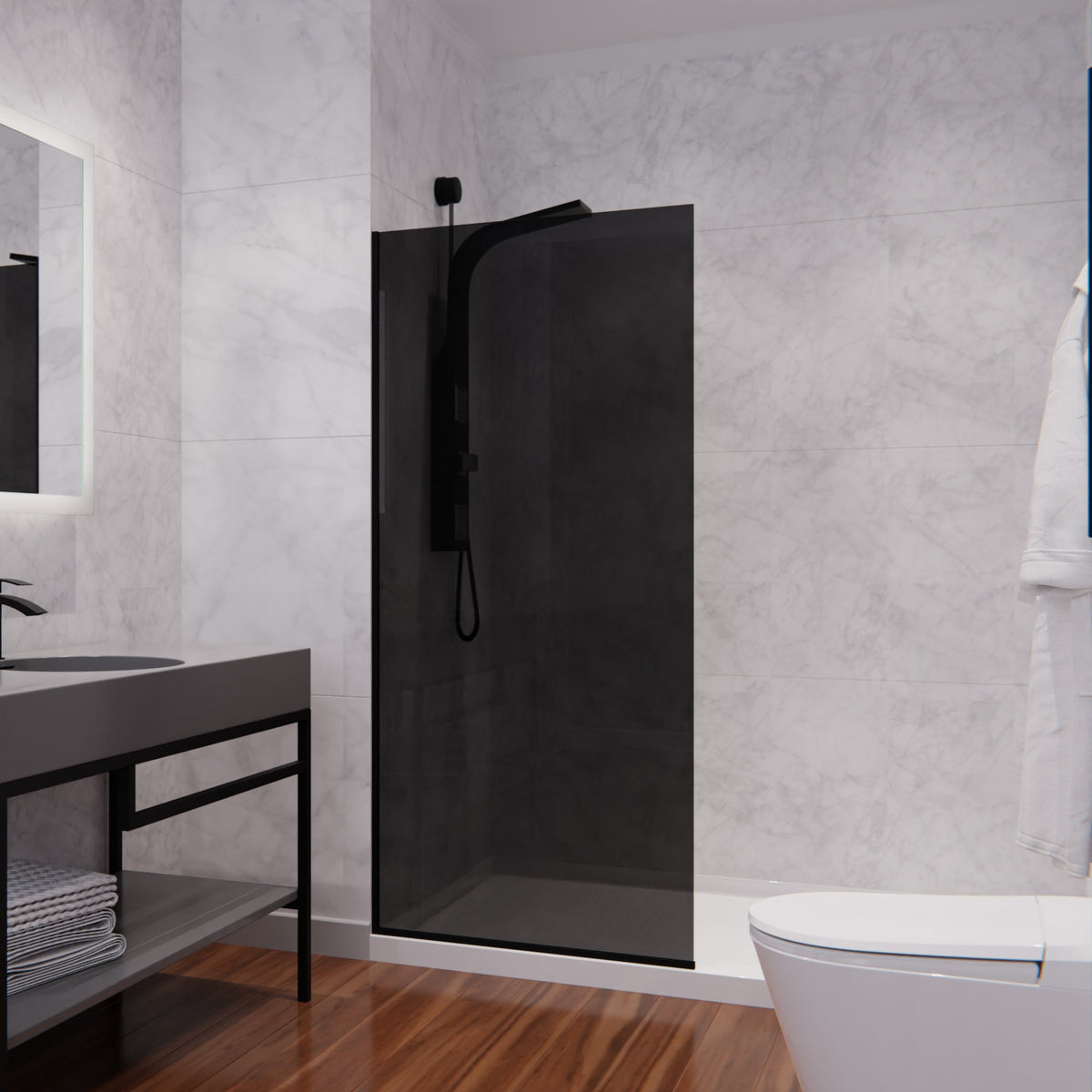 Screen Series 34 in. x 74 in. Fixed Semi-frameless Shower Door with Tsunami Guard Tempered Clear Glass