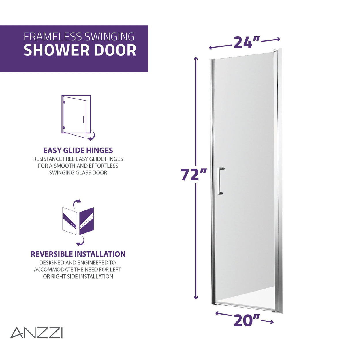 Lancer Series 23 in. x 72 in. H Hinged Frameless Shower Door with Tsunami Guard Tempered Glass