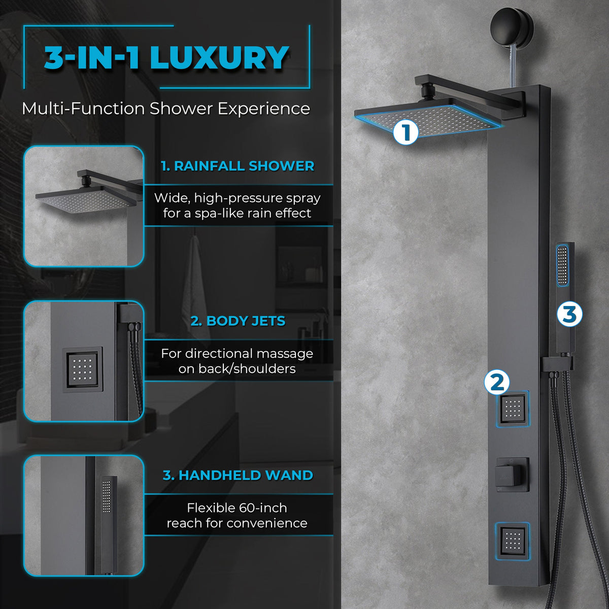 Dion Series 39 in. 2-Jetted Shower Tower with Heavy Rain Shower and Body Jets and Spray Wand