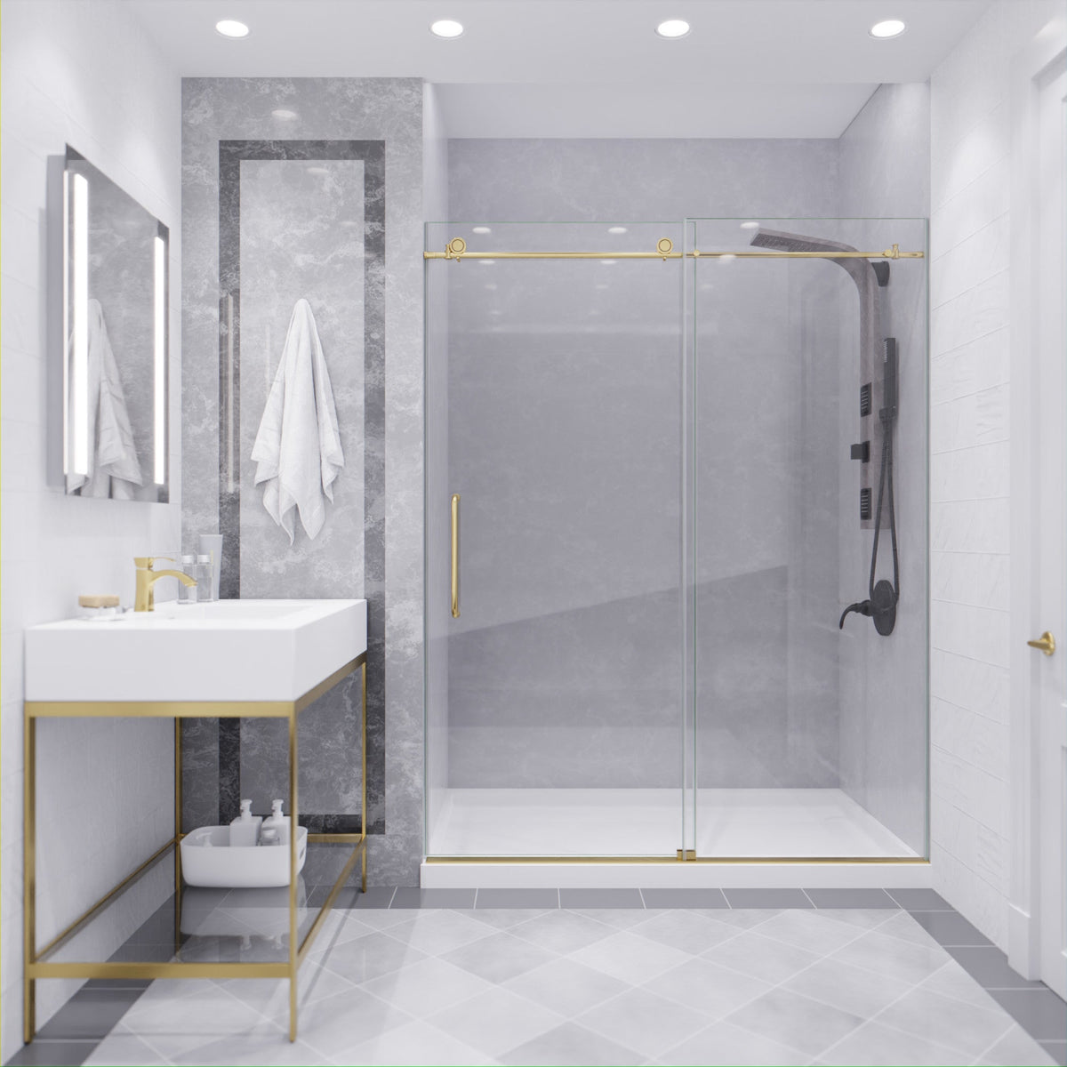 Madam Series 56 to 60 in. x 76 in. Frameless Sliding Shower Door with Clear or Tinted Tempered Glass and Tsunami Guard