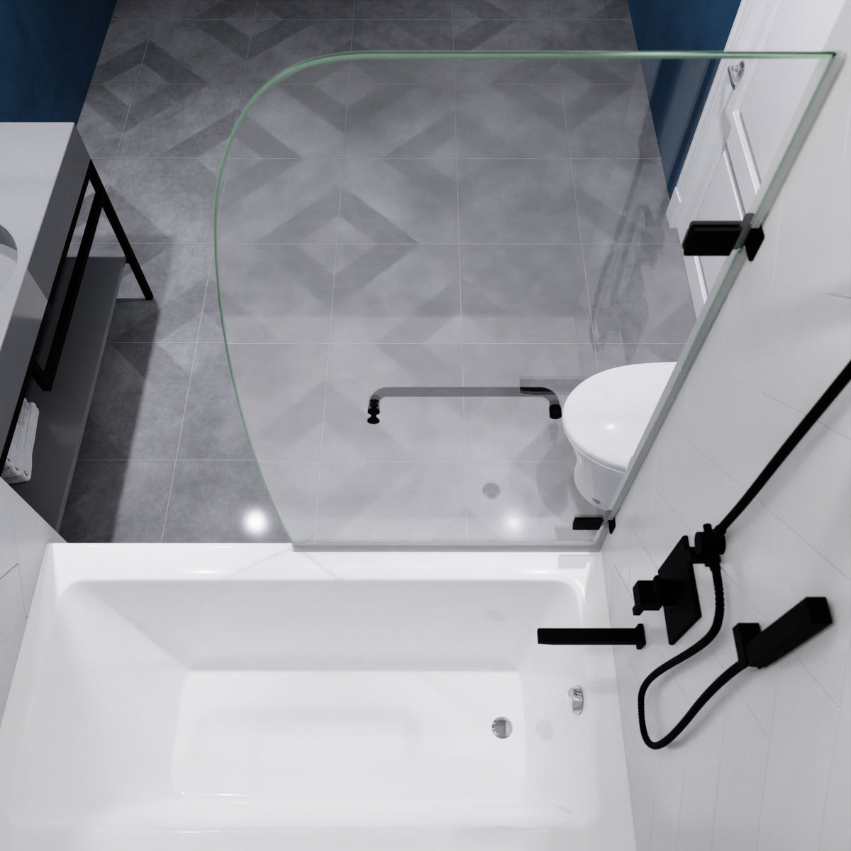 30 x 55 Tub Shower Door, Grand Frameless Hinged Clear Tsunami Guard