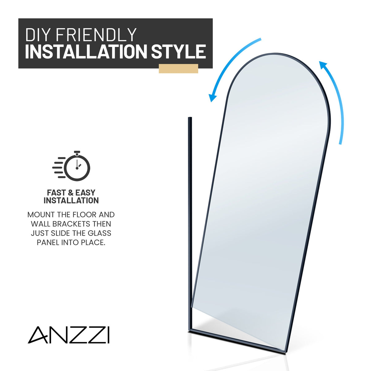 Ember Series 34 in. x 78 in Framed Arch Fixed Shower Screen Door with 8mm Tempered Clear or Fluted Glass