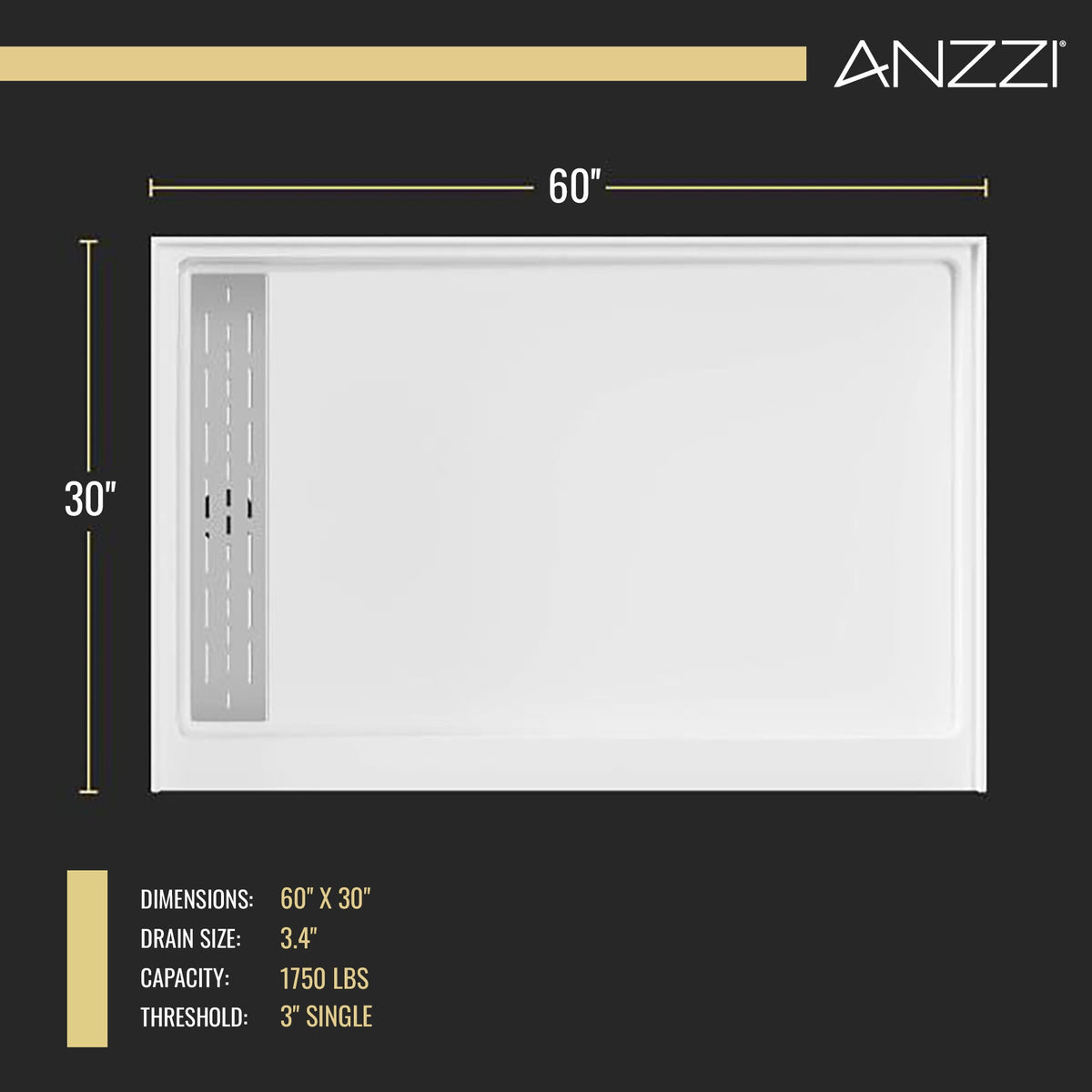 Alexander 60 in. L x 30 in. W Alcove Shower Pan Base with Left or Right Drain in Glossy White Marine Acrylic