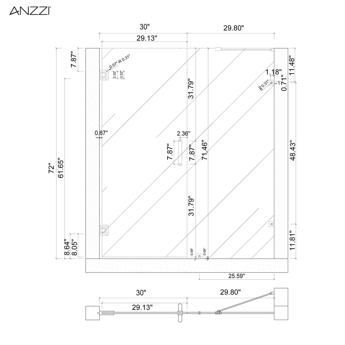 Consort Series 60 in. x 72 in. H Hinged Frameless Shower Door with Tsunami Guard Tempered Glass