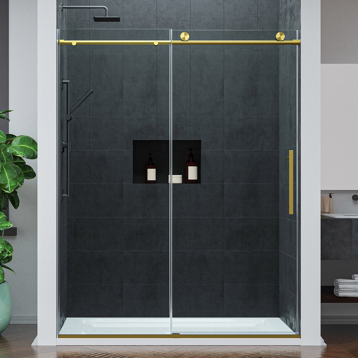 Mountain 60 in x 76 in. Reversible Frameless Sliding Deco-Glass Shower Door with Soft-Close System - Multiple Finishes