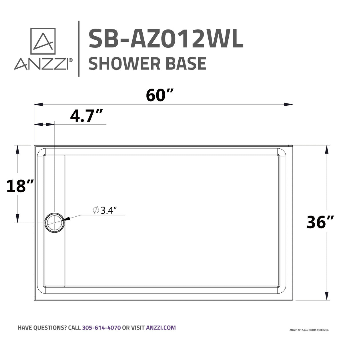 Field Base Series 36 in. L x 60 in. W Corner Shower Shower Pan Base with Left Drain in Glossy White Marine Acrylic