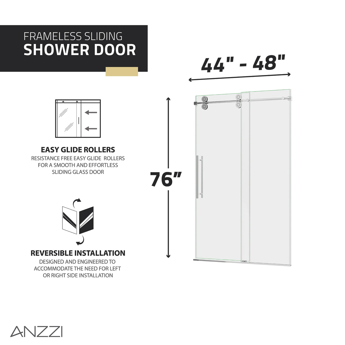 Ozean Series 44 to 48 in. x 76 in. Frameless Shower Door with Sliding with Tsunami Guard Tempered Clear Glass