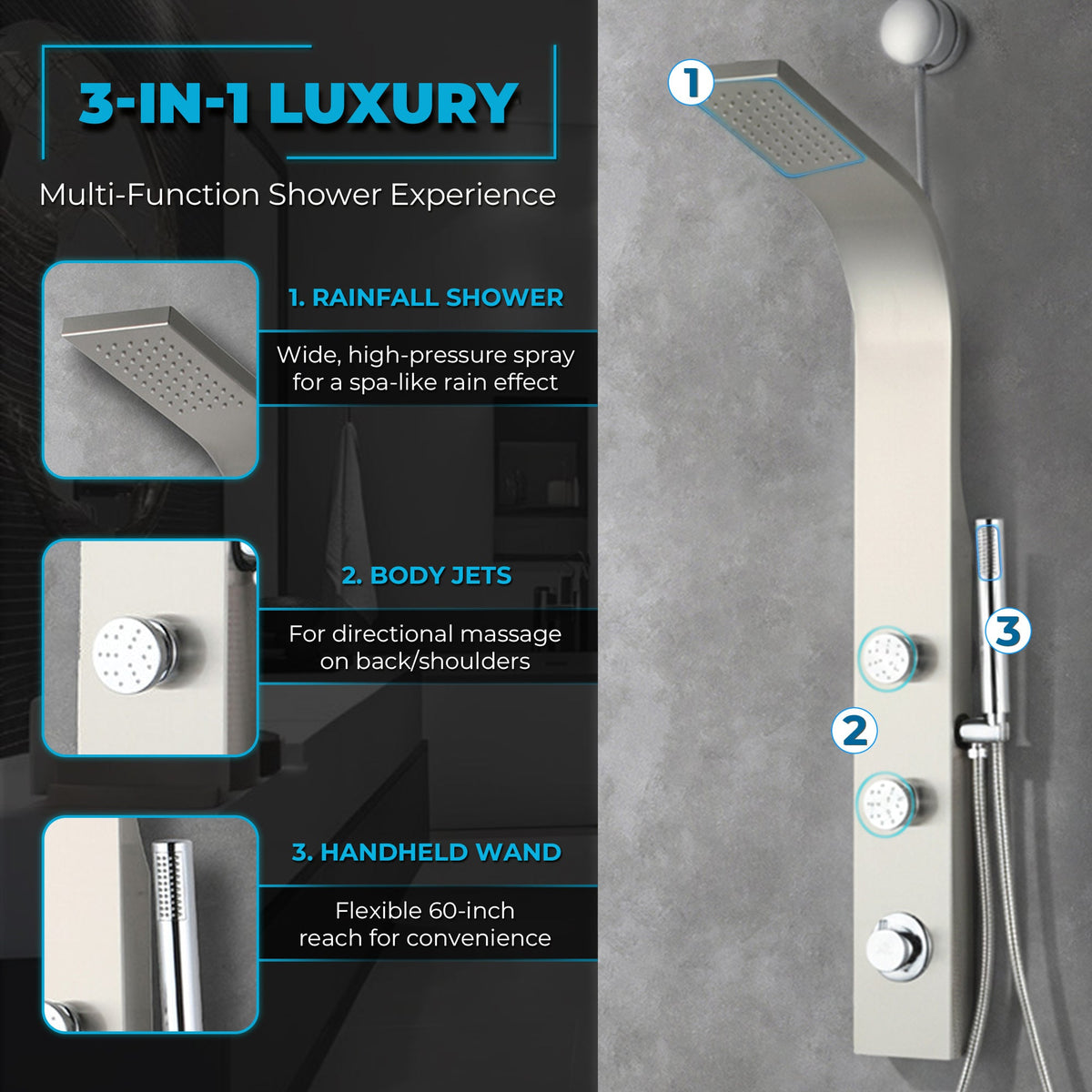 Cici Series 39 in. 2-Jetted Shower Tower with Heavy Rain Shower and Body Jets and Spray Wand