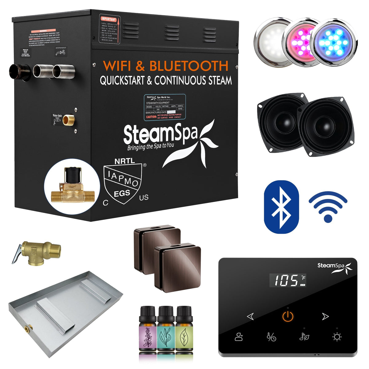 Steam Shower Generator, Full Package, Black Wireless Deluxe New Square Heads