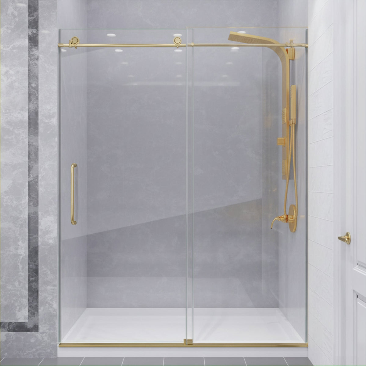 Madam Series 56 to 60 in. x 76 in. Frameless Sliding Shower Door with Clear or Tinted Tempered Glass and Tsunami Guard