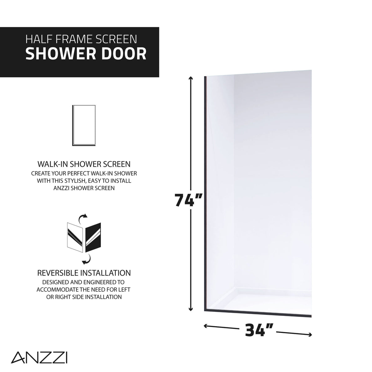 Screen Series 34 in. x 74 in. Fixed Semi-frameless Shower Door with Tsunami Guard Tempered Clear Glass