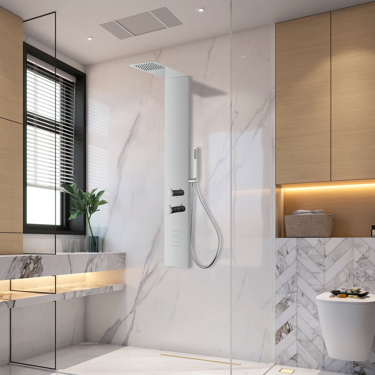 Collines Series 55 in. 2-Jetted Shower Tower with Heavy Rain Shower and Jets and Spray Wand
