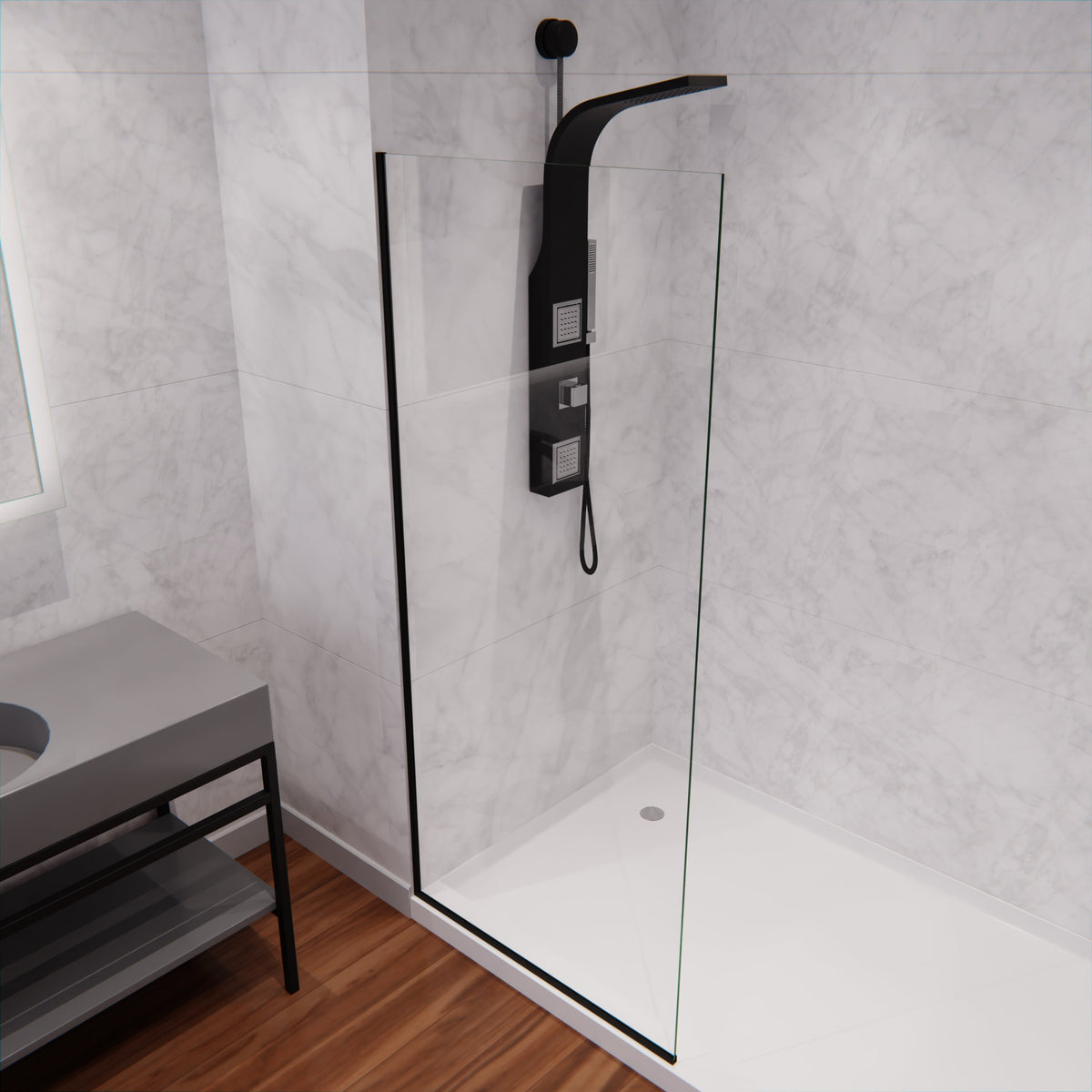 Screen Series 34 in. x 74 in. Fixed Semi-frameless Shower Door with Tsunami Guard Tempered Clear Glass