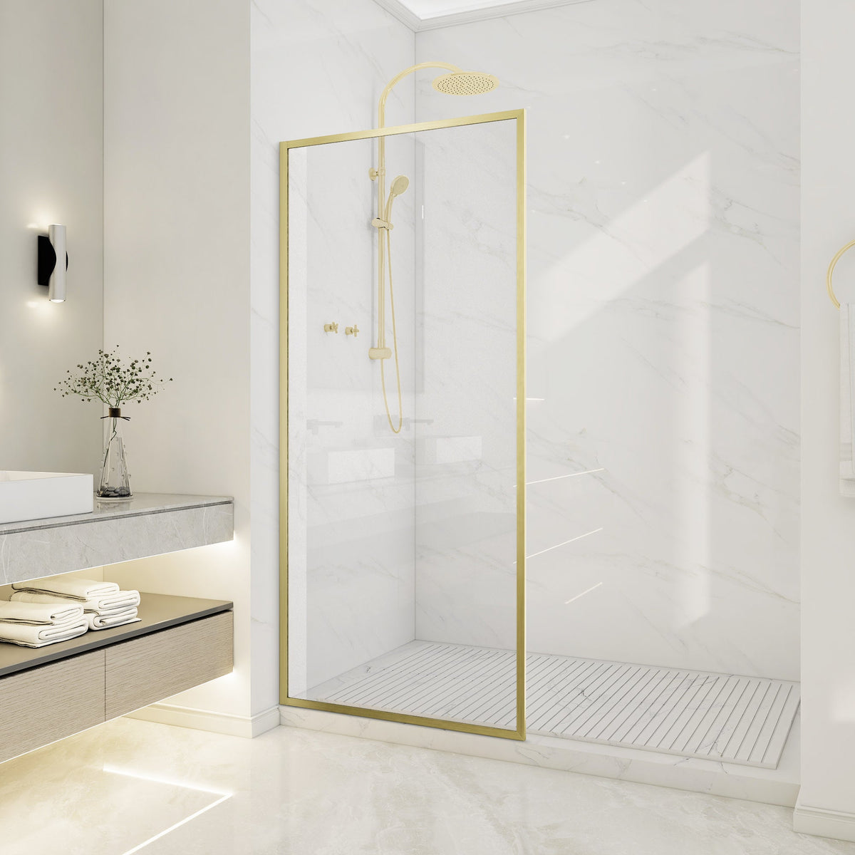 34 x 74 Framed Shower Door, Welle Fixed Screen Tempered Clear Glass