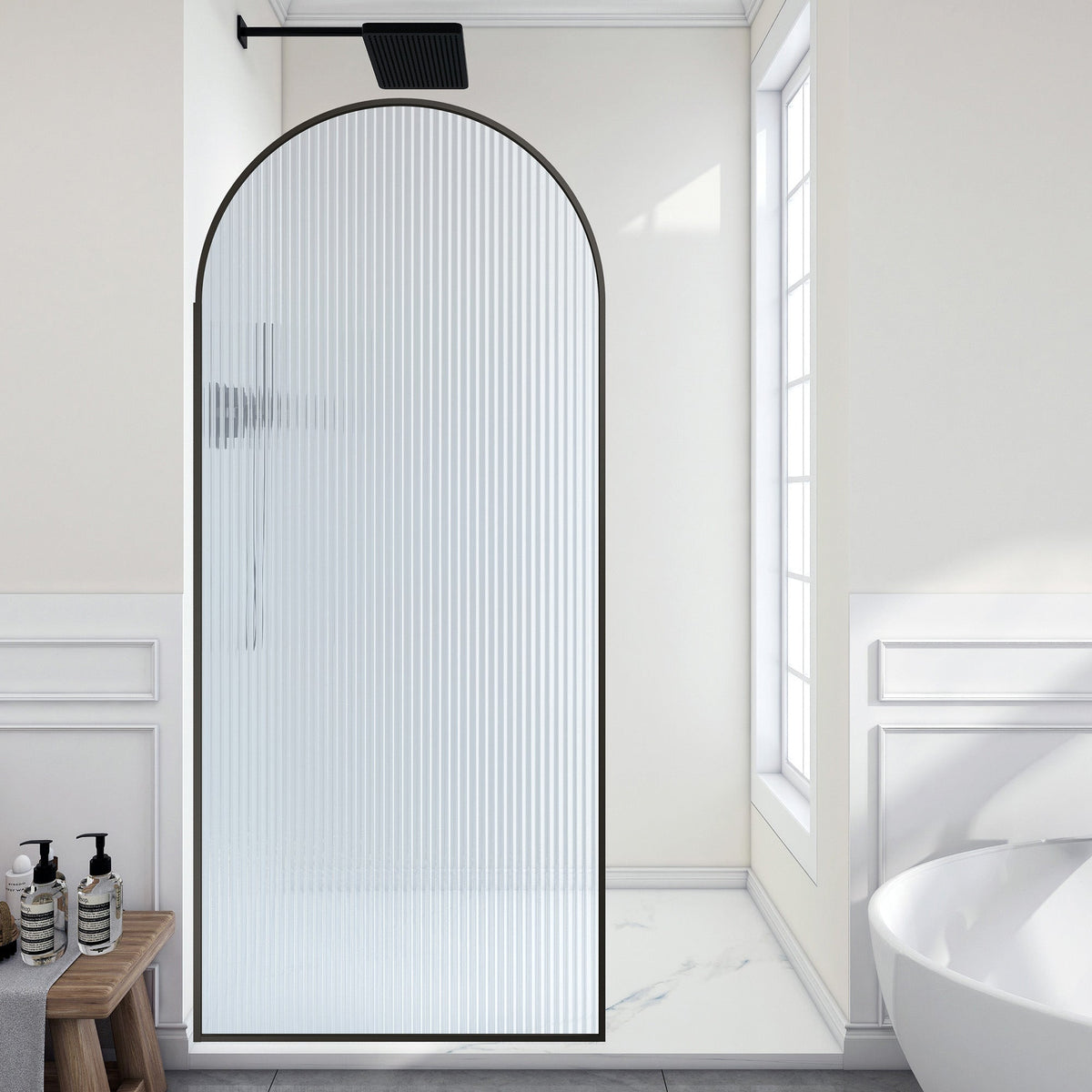 Ember Series 34 in. x 78 in Framed Arch Fixed Shower Screen Door with 8mm Tempered Clear or Fluted Glass