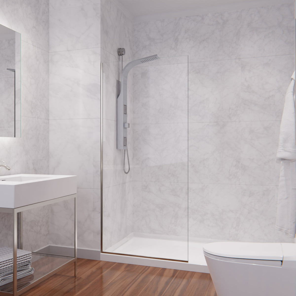 Screen Series 34 in. x 74 in. Fixed Semi-frameless Shower Door with Tsunami Guard Tempered Clear Glass